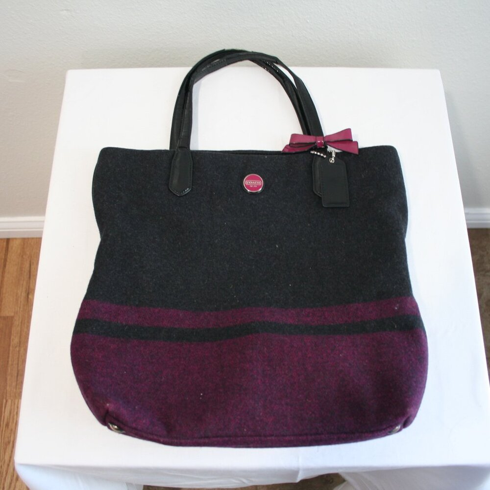 Coach Stripe Black & Purple Wool Tote